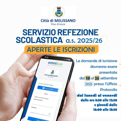 APERTE LE ISCRIZIONI  PER IL SERVIZIO DI REFEZIONE SCOLASTICA  A.S. 2025/2026. 